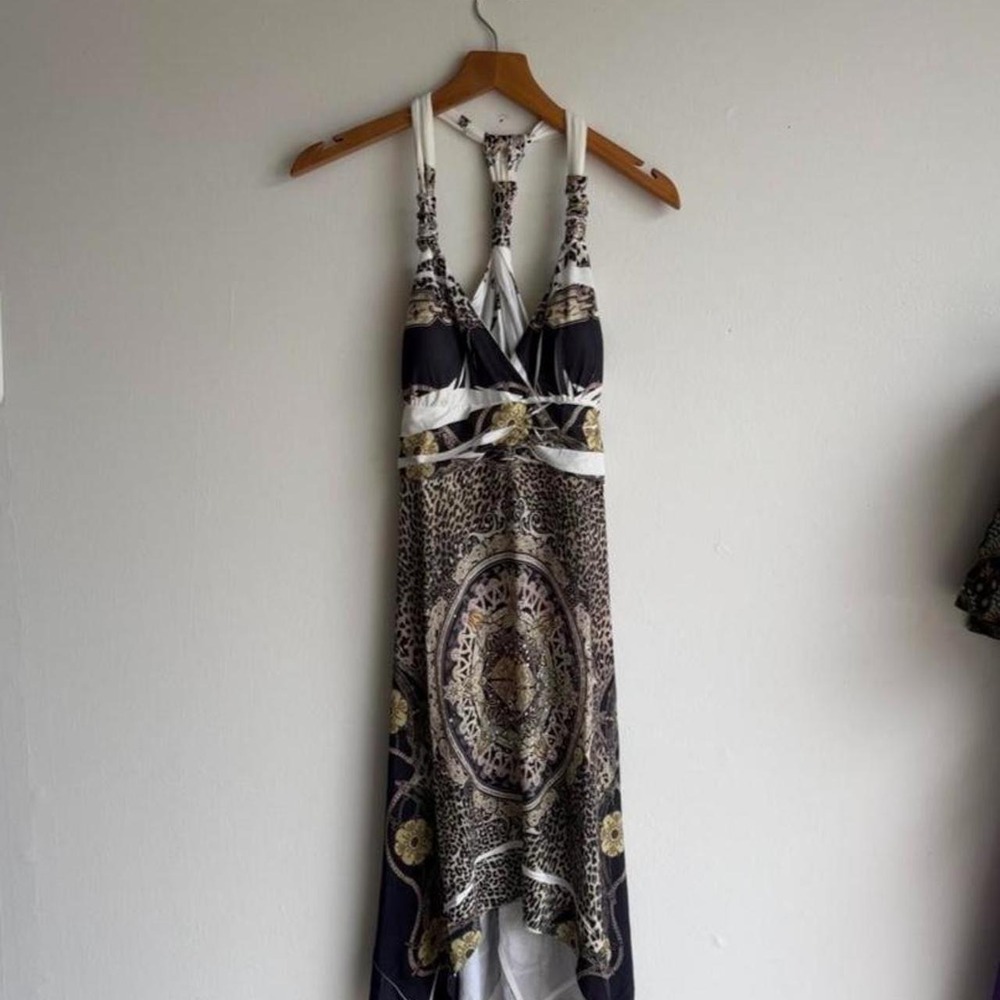 Cristinalove y2k black, white, and gold halter neck dress with medallion design